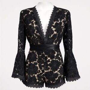 Whimsigoth Black Lace Velvet Bell Sleeve Romper Goth Vampire Halloween Party